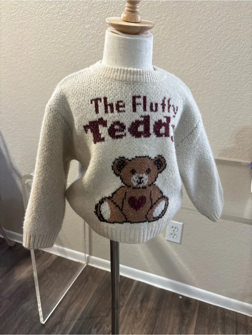Zara Cream Knit Teddy Sweater with Brown Bear and Burgundy Accents